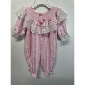 Pink Vtg 90s Buster Brown Girls Bodysuit Lace And Roses Size 6-9 Button Closure